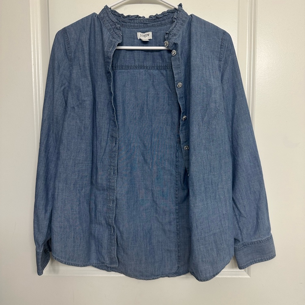 J. Crew Chambray Button-Front Ruffle Collar Shirt - Light Blue